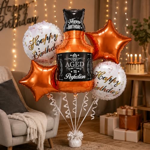 Image of Wanna Party Aged To Perfection Birthday Foil Balloon Bouquet Set of 5 | Bottle & Star Theme Helium Supported Balloons for Birthday Party Decoration, Cake Table Setup & Celebration Backdrop