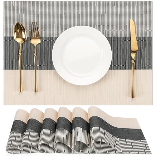 Chitomars Manteles Individuales Lavables Juego de 6, Salvamanteles Individuales PVC Plásticos Antideslizantes Mantel Individual Resistentes al Calor para Mesa de Cocina (Beige Negro, Juego de 6)
