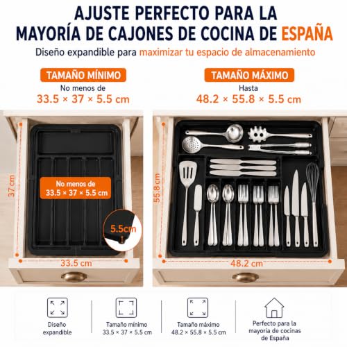 Miniatura 3 de Alaifu Organizador Cubiertos Cubertero Organizador Cajones Cocina, Antideslizante Y Resistente Al Agua Sin Bpa 9 Compartimentos, Gran Capacidad, Extensible 33 36.8 Hasta 48.2 55.8 Cm Ahorro De Espacio