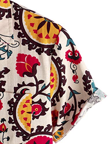 Lucmatton Men's Linen 70S Hippie Style Floral Print Shirt Short Sleeve Button Down Hawaiian Shirts Beige X-Large #TOP5