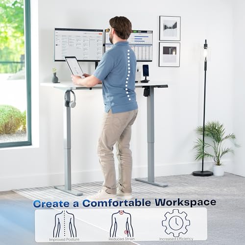 Image of VIVO White 55 x 28 in Standing Desk, DESK-KIT-1G55W | Electric, Holds 220 lbs, Sit Stand, Height Adjustable, Solid One-Piece Table Top, Memory Presets, 1B Series, Gray Frame