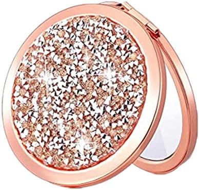 Mpowtech Magnifying Rose Gold Small Compact Mirror for Purse - Mix Diamond 1x/2x Magnification - Double Sided Mini Round Pocket Mirror Handheld Travel Makeup Mirrors (Rose Gold&Mix Diamond)