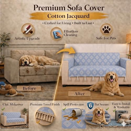Image of STITCHNEST 'Verdant Rekhika Stories' 1 Seater Sofa Cover| Elegant Jacquard Fabric, Decorative Tassels, Washable & Durable for Modern Living