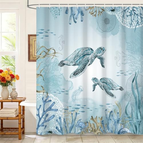 Kzzfqxb Rideaux de Douche 90x183cm, pour Enfants Motif Vie Marine Tortues de mer hippocampes et coraux en Polyester imperméable avec Crochets, décoration...