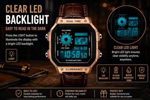 Image of Digital Watch for Men Square Dial Brown Leather Strap Rose Gold Case