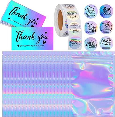 630 Pieces Thank You Cards and Stickers Set including 30pcs Resealable Packaging Bag 500pcs Small Business Roll Stickers 100pcs Thank You Business Card for Business (Holographic)