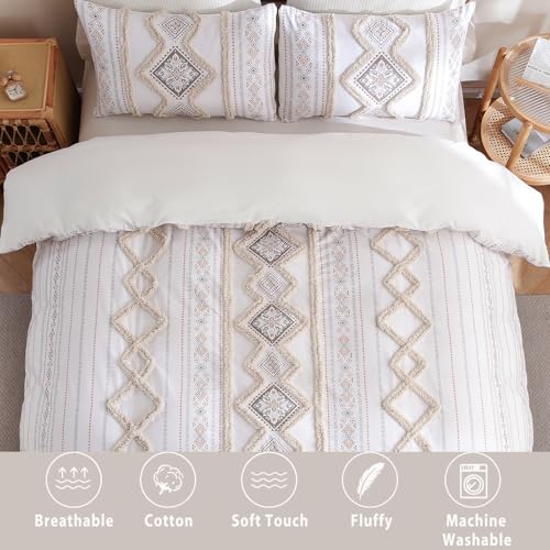 Image of Herside Beige 100% Cotton Boho Duvet Cover Set Queen Size, 3-Piece Tufted Textured Modern Boho Moroccan Bedding, Aztec Geometric Farmhouse Comforter Cover with 8 Corner Ties & Double Zipper