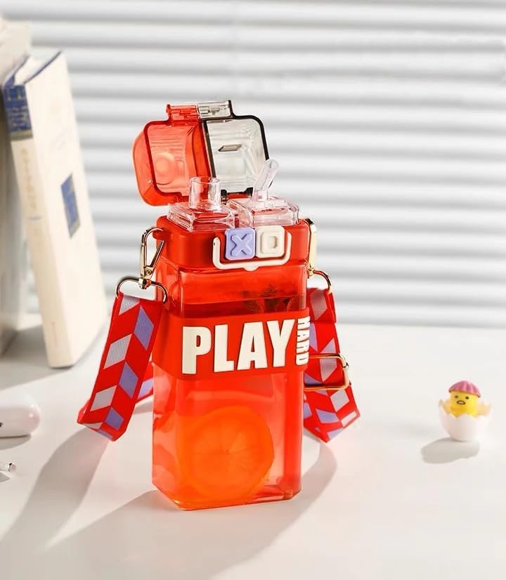 Miniatura 5 de Botella de agua cuadrada a prueba de fugas de 18 onzas con botón separado y diseño de tapa abatible, boquilla y popote, botella deportiva sin BPA