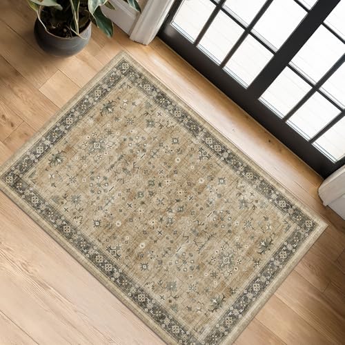 Image of Hazo Haus Washable 2x3 Entry Rug Front Door Indoor, Bohemian Kitchen Floor Rug, Non-Slip & Stain Resistant, Vintage Desert Taupe Sage Farmhouse Floral Decor