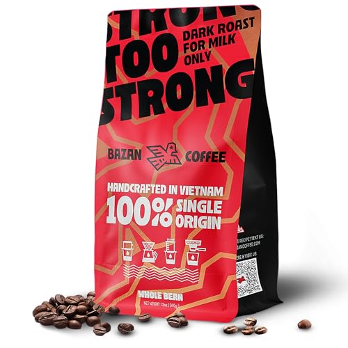 BAZAN COFFEE - Too Strong Robusta Vietnamese Whole Bean Coffee Dark Roast, Single Origin, High Caffeine & Low Acid Coffee, Bold Espresso Coffee Beans for Espresso Lovers, Full Bodied Flavor - 12oz bag