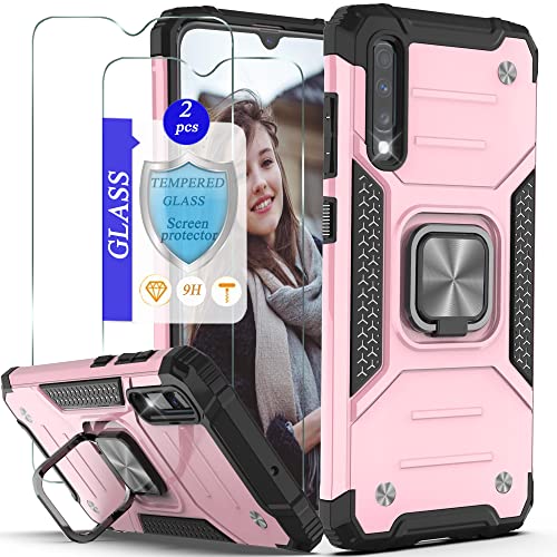 Galaxy A70 Case, Samsung A70 Case with Tempered Glass Screen Protector [2 Pack],YmhxcY Armor Grade Case with Rotating Holder Kickstand Non-Slip Hybrid Rugged Case for Samsung Galaxy A70-KJ Rose Gold