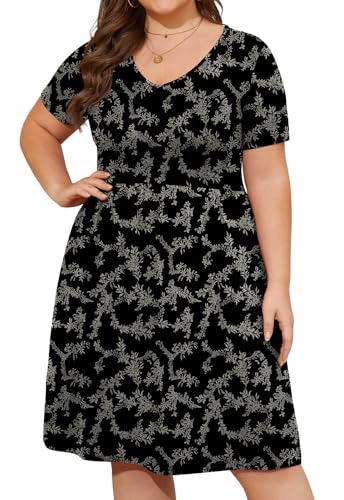 Image of DB MOON Women Plus Size Dresses 2026 Summer Casual V Neck Short Sleeve Knee Length Dress with Pockets