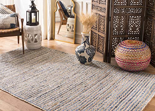SAFAVIEH Cape Cod Collection Area Rug - 5' x 8', Natural & Blue, Handmade Flat Weave Jute, Ideal for High Traffic Areas in Living Room, Bedroom (CAP250A)