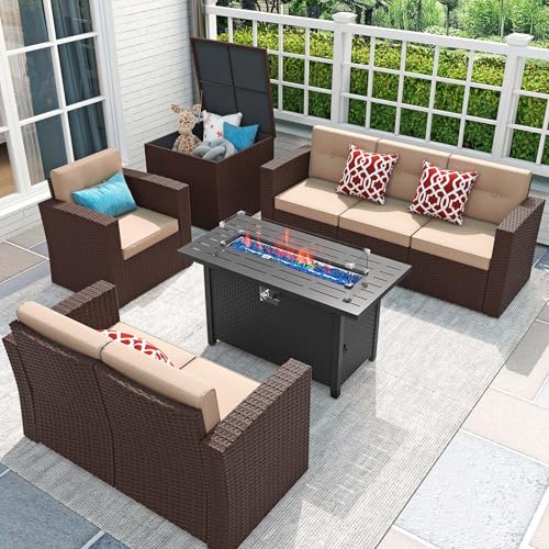 JOIVI 8 Pieces Rattan Patio Furniture Set with 45” Fire Pit Table, Outdoor Conversation Set with 50000 BTU Gas Fire Pit, Wicker Sectional Sofa with Storage Box and Cushions, Beige (Without Table)