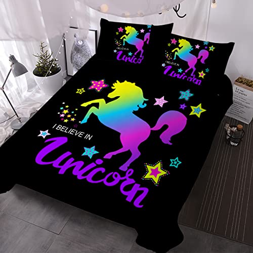 BlessLiving Unicorn Duvet Cover Set Black 3 Pieces King Cute Boys Bedding Set (1 Rainbow Unicorn Duvet Cover+2 Pillow Shams) Luxury Bedspread with Zipper Closure, Ties
