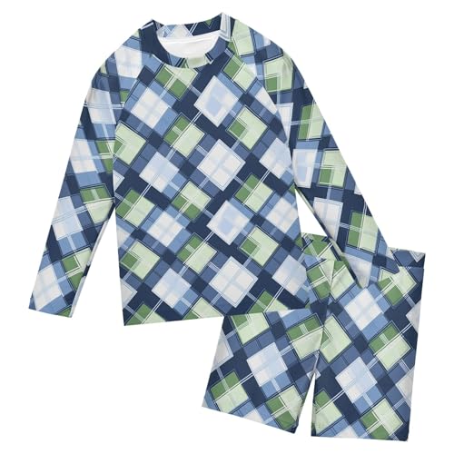 Green Blue Buffalo Check Plaid Boys Rash Guard Swimsuits Set Long Sleeve Swim Shirts Bathing Suits B0403546