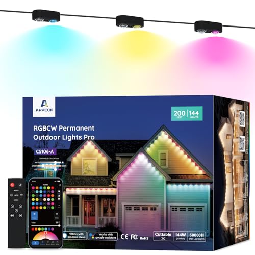 APPECK Permanent Outdoor Lights Pro 200ft, 144W RGBCW Eaves Lights with 144 LED Lights, 80lm, Dual Lens, Cuttable, IP67 Waterproof Lighting for Daily and Holiday Decor, Compatible with Alexa, Black