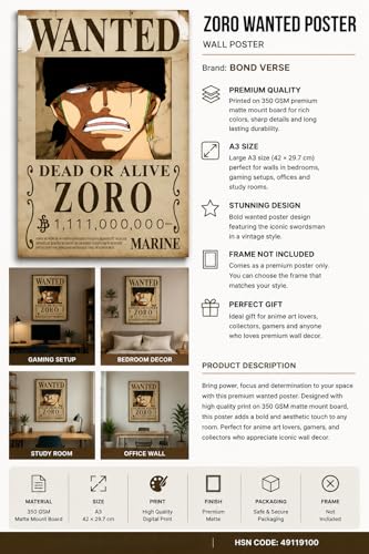Image of Bond Verse Zoro Wanted Poster A3 size (29.7 x 42 cm) Size Wall Poster | Anime Inspired Vintage Bounty Design | 350 GSM Premium Matte Mount Board | Room Decor Poster for Bedroom, Gaming Setup & Office | Unframed