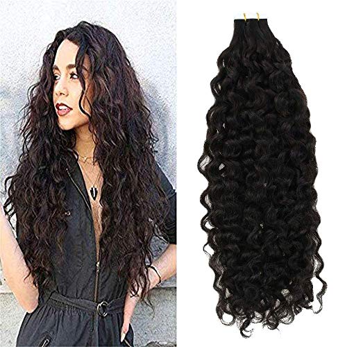 LaaVoo 24 inch 100% Remy Natural Wave Tape In Human Hair Extensions Brazilian Hair Weave Human Hair Extensions Natural Black Double Sided Tape Seamless Skin Weft Hair 20pcs/50g