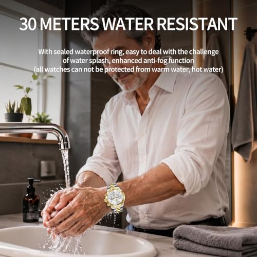 Image of OLEVS Men's Watch Luxury Sun-noon Phase Waterproof Dress Chronograph Analog Quartz Stainless Steel Multifunction Fashion Watch with Date, Big Dial 44mm, Luminous Hands Scales