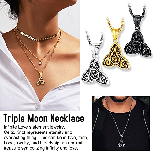 Bestyle Women Vintage Triple Moon Goddess Pendant 18K Gold Plated Celtic Knot Pentacle Necklace Pagan Wicca Gold Amulet Jewelry,Solid Gold Bead Chain With Strong Lobster Claw, Send Gift Box #TOP3