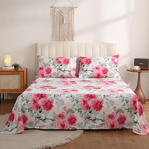 Image of JSD Watercolor Rose Floral Printed Sheet Set King Size | 4 Piece Soft Botanical Microfiber Sheets, OEKO-TEX Certified, Easy Care