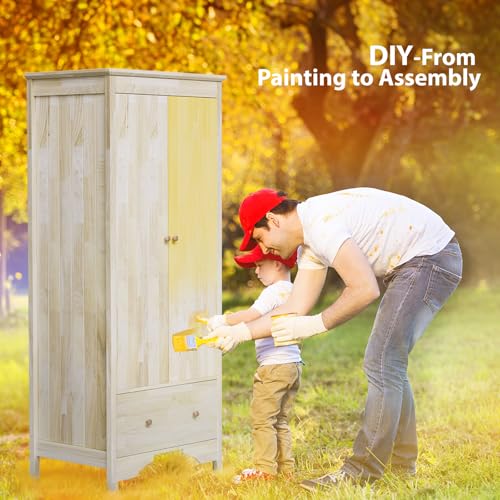 VINGLI Solid Wood Wardrobe Closet, Unfinished Wood Armoire Color DIY, Natural Rubber Wood Wardrobe Closet with Doors and Drawers, Real Wood Wardrobe Closet for Hanging Clothes, Wooden Wardrobe Cabinet - Image 5