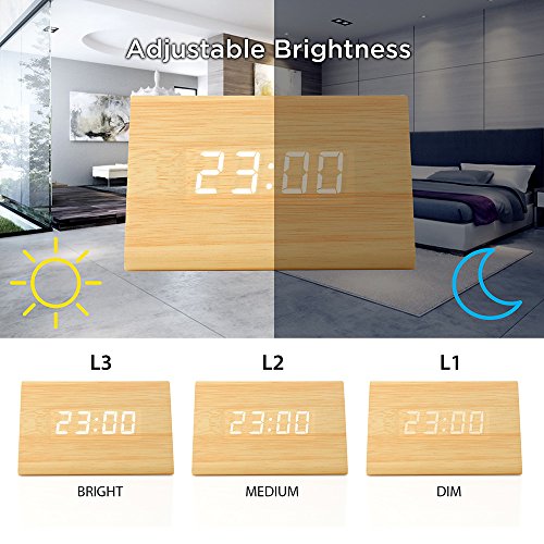 Oct17 Wooden Wood Clock , New Version Led Alarm Digital Desk Clock Adjustable Brightness, Alarm Time, Displays Time Date Temperature - Bamboo #TOP3