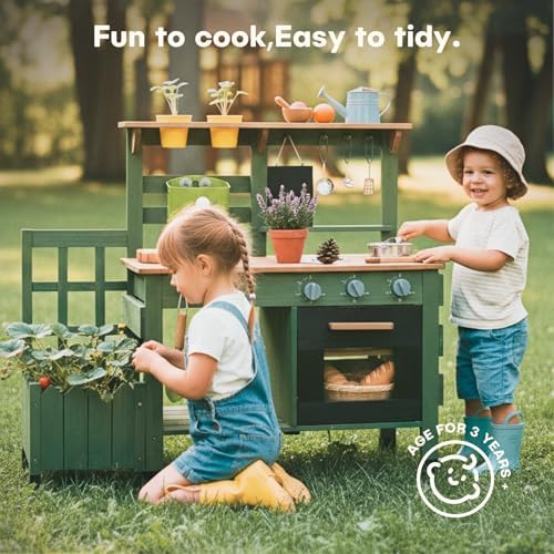 Mud Kitchen for Kids Outdoor, Vintage Mud Kitchen with Planter Box - Includes Rich Gardening Tools & Cooking Accessories, Wooden Kids Play Kitchen with Faucet, Stove, Sink, Oven, Flowerpots — view 4