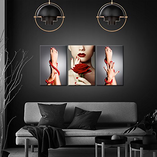 Image of KREATIVE ARTS 3 Piece Canvas Print Beauty Fashion Woman Portrait with Red Rose Flower Red Lips and Nails Wall Art Luxury Makeup and Manicure Poster Framed Art Work for Spa Salon