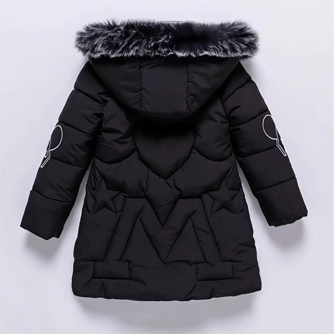 linboo Giacca invernale da ragazza con cappuccio in pelliccia rimovibile, caldo cappotto lungo per bambini, parka per attività all'aperto, con lettere e simpatici motivi