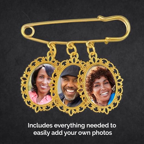 Gold Wedding Bouquet Photo Charm Pin Keepsake for Bridal Bouquet Flowers Memory Charm or Gold Memorial Boutonniere Pin for Groom Add 3 of Your Own Pictures Includes Resizer4