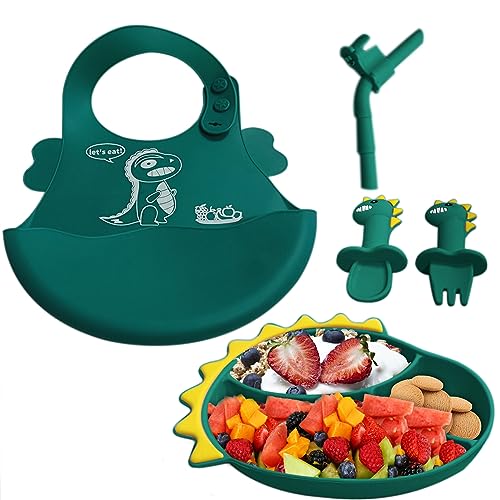 Image of FS TRENDS Dinosaur Silicone Baby Feeding Set, 1pc Split Suction Plate, 1pc Adjustable Bib, 1pc Spoon, 1pc Fork, 1pc Straw, Baby Guided Weaning Supplies Automatic Feeding Tools – Green