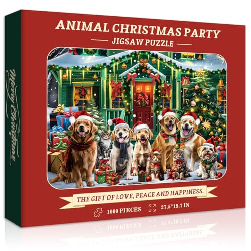 PICKFORU Christmas Puzzles 1000 Pieces, Dog Puppy Puzzle for Adults, Cat Jigsaw Puzzles Winter Holiday, Animal Challenging Puzzles for Adults