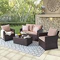 JOIVI Patio Furniture Set, 4 Piece Outdoor Patio Conversation Set, All-Weather PE Rattan Wicker Sectional Patio Sofa Set with Tempered Glass Coffee Table, Brown