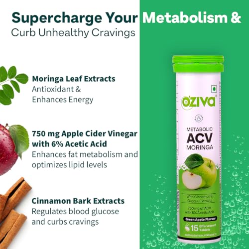 OZiva ACV Moringa | Control Cravings I Apple Cider Vinegar, Cinnamon, Guggul I No Maltodextrin & No Added Sugar I 15 Effervescent Tablets - Green Apple, Pack of 4 (60 tablets) (Image - 3)