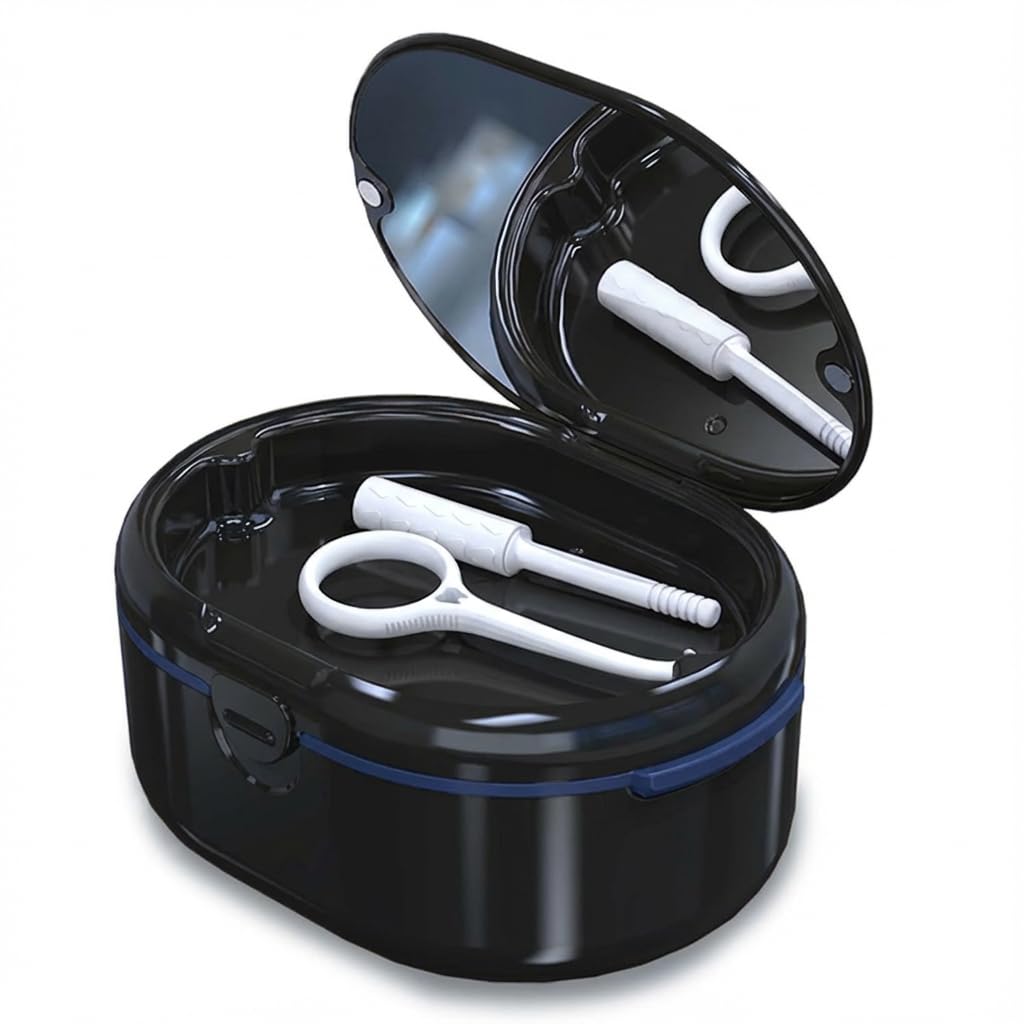 Denture Box with Mirror for Cleaning & Storage | Double-Layer Wet & Dry Denture Case | Portable False Teeth Container with Drain Basket | Denture Bath Cup for Travel, Home & Office (Includes Chew Stick, Extractor & Brush) (Black)