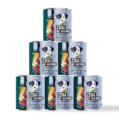 TIERLIEBHABER – Hundefutter Nass 800g 6X Ziege mit Pastinake – Von Tierärzten entwickelt – Nassfutter Hund mit 91% Fleischanteil – Dog Food als Hundenassfutter 800g Dosen