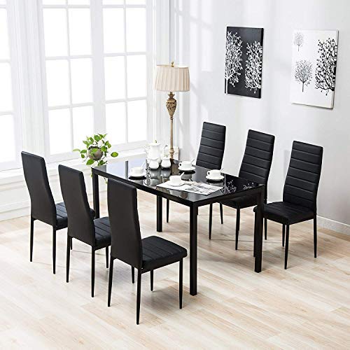 mecor 7-Piece Glass Kitchen Dining Table Set, Glass Top Table with 6 Faux Leather Chairs Breakfast Furniture,Black