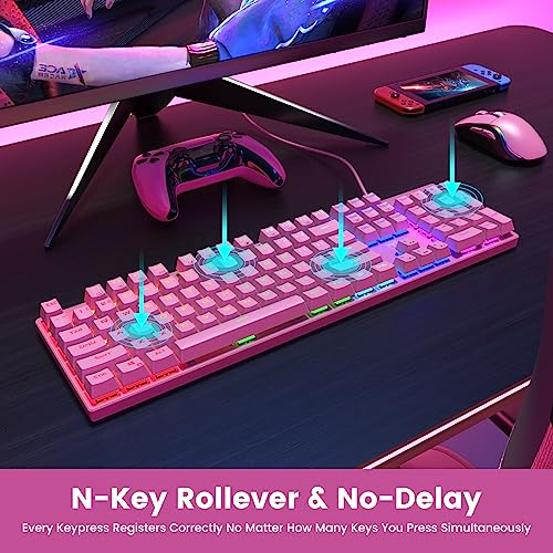 Image of RisoPhy Mechanical Gaming Keyboard, RGB 104 Keys Ultra-Slim Backlit USB Wired Keyboard with Blue Switch, Durable ABS Keycap /Anti-Ghosting /Spill-Resistant Mechanical Keyboards for PC Mac Xbox Game,Pink