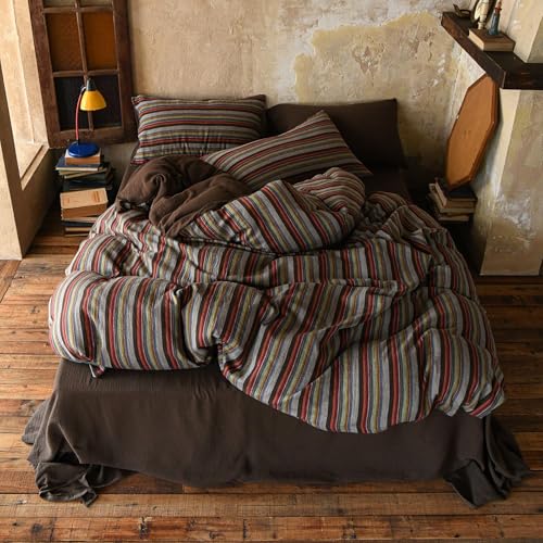 Image of EAVD Retro Striped Duvet Cover Set King Soft 100% Cotton Muslin Bohemian Colorful Vertical Striped Bedding Set with 2 Pillowcases Rustic Farmhouse Style Geometric Pattern Duvet Cover with Zipper