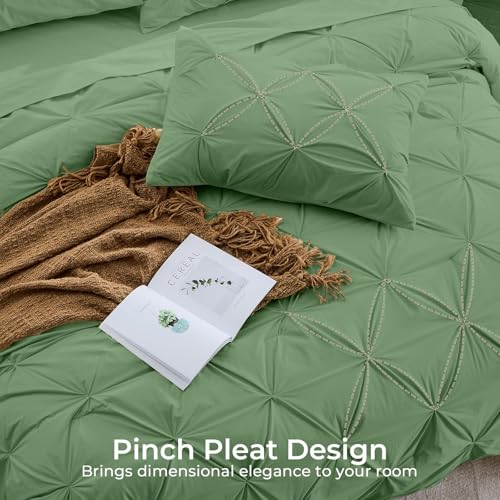 Image of Sasttie Twin Comforter Set, 5-Piece Bed in a Bag, Pintuck Bedding Sets for All Season, Includes Comforter, Flat Sheet, Fitted Sheet, Pillowcase and Pillowsham, Green