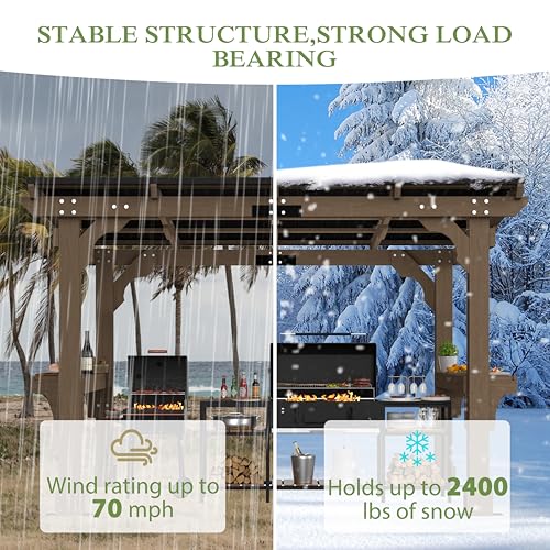Image of BlueWish 8' x10' Outdoor Grill Gazebo, Wood BBQ Grill Gazebo with Metal Sloping Roof, Heavy Duty Wind-Resistant Patio Gazebo with Shelves for Barbecue, Backyard, Garden, Light Mocha Brown