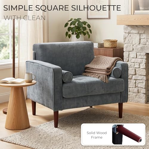 Image of Accent Chairs Stet of 2, Chenille Upholstered Armchairs for Living Room, Comfy Single Sofa Bedroom Reading Seat with 2 Bolster Pillows, Blue