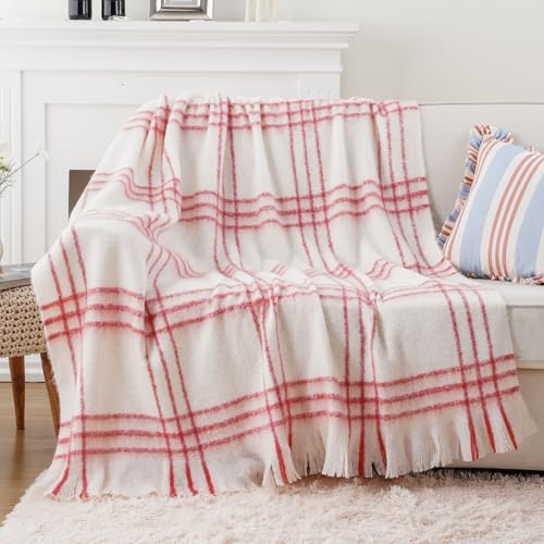 BATTILO Cream Plaid Throw Blanket for Couch Bed, Farmhouse Mohair