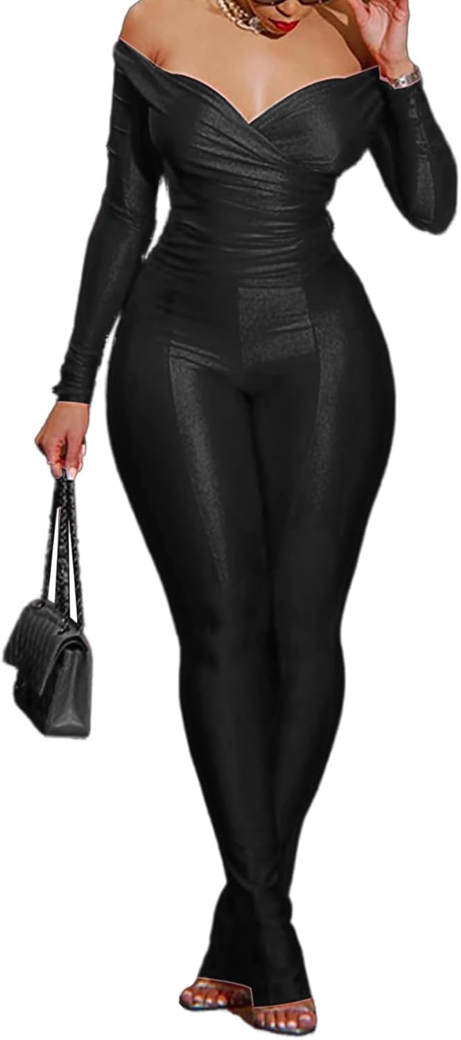 Womens Sexy 2 Piece Outfits Off Shoulder Deep V Neck Tops Slit Hem Flare Pants Sparkly Jumpsuit Set Clubwear