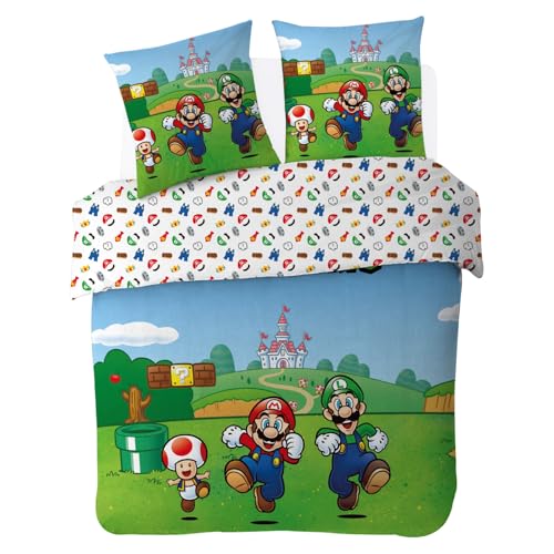 Mario - Housse de Couette Super Mario 220x240 cm + 2 Taie d'oreiller 63x63 cm - 100% Coton - Vert et Bleu