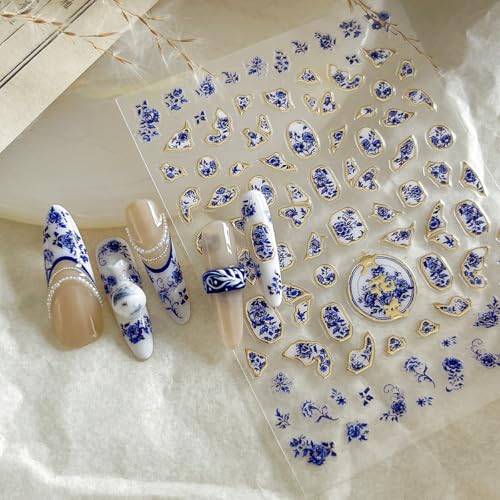 Retro Nails Stickers Spring Nails Sticker 3D Embossed Self Adhesive Sticker Blue Petals Designs Nail Decals Blue White Flower Nail Art Decals Summer Decals for Nail DIY Manicure 1Sheets