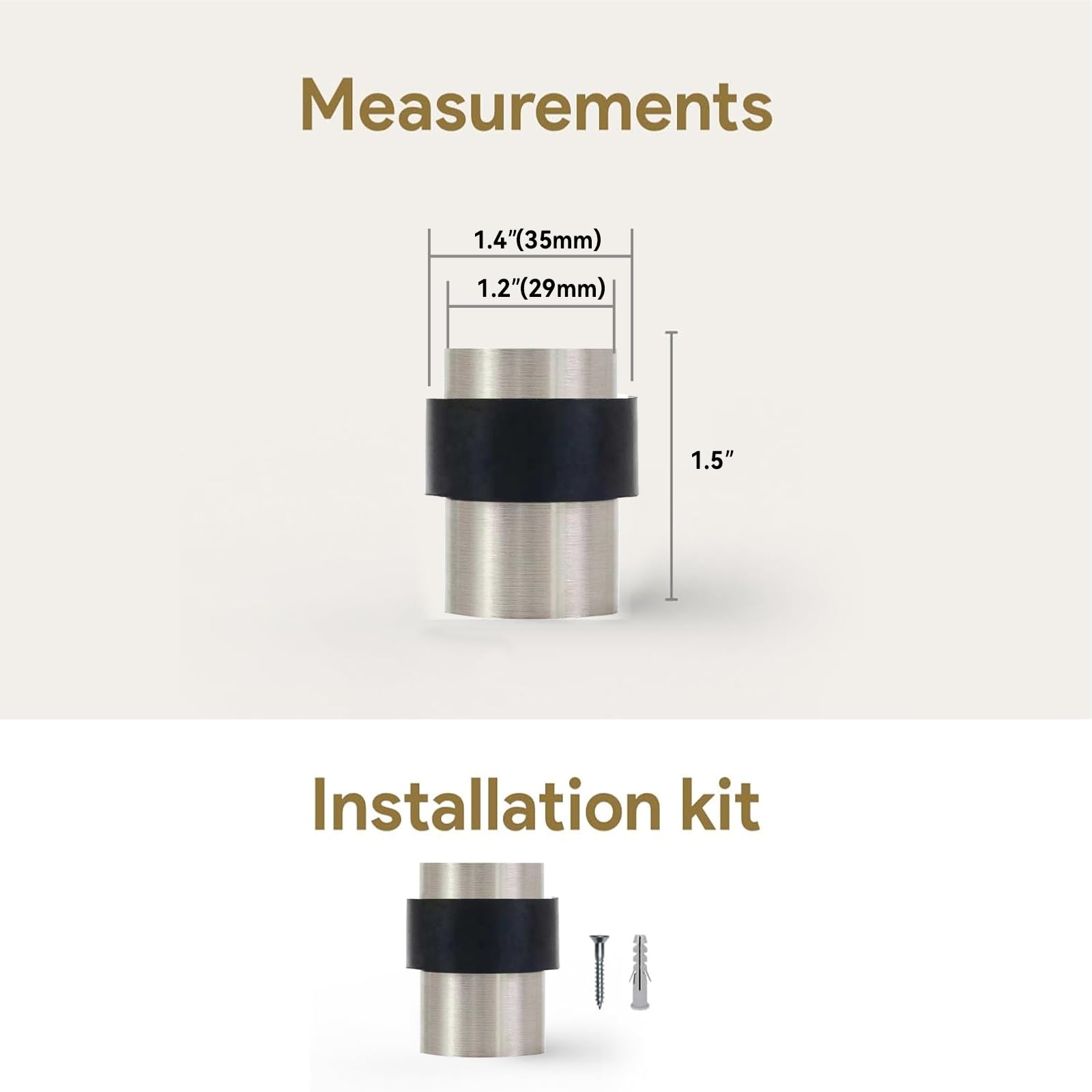 KHTUMEWARE 3801 cylindrical floor door stop dimension diagram, 1-1/2 in (38 mm) overall height, 1.38 in (35 mm) max diameter, Brushed Nickel.