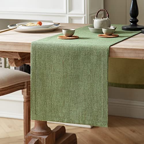Image of ZeeMart Burlap Style Farmhouse Table Runner, 14x72 Inches Grass Green | Thick Durable Fabric, Mitered Corner Design, Rustic Woven Dining Table Runner, Machine Washable Everyday Table Scarf